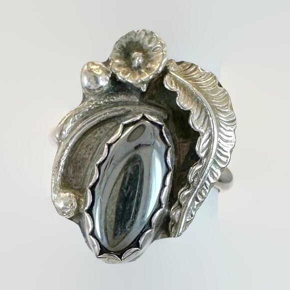 Vintage Navajo Ring Sterling Silver Native American Signed AK Hematite Black - Picture 1 of 5